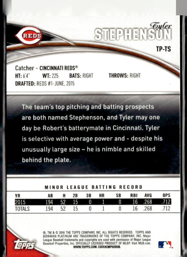 2016 Bowman Platinum #TP-TS Tyler Stephenson Top Prospects Cincinnati ...