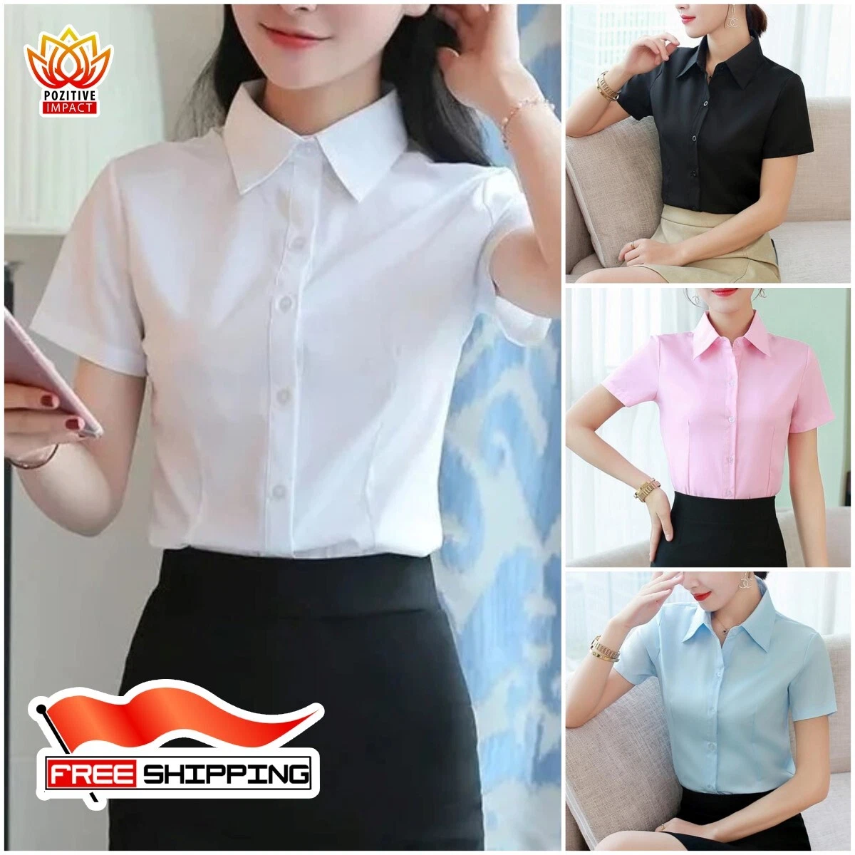 Ajustado De Algodón Para Mujer Camisa De Manga Corta Moda Oficina Trabajo | eBay