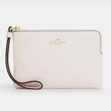 COACH Corner Zip Wristlet In Pebbled Leather Light Khaki Chalk NEW w/TAGS $88