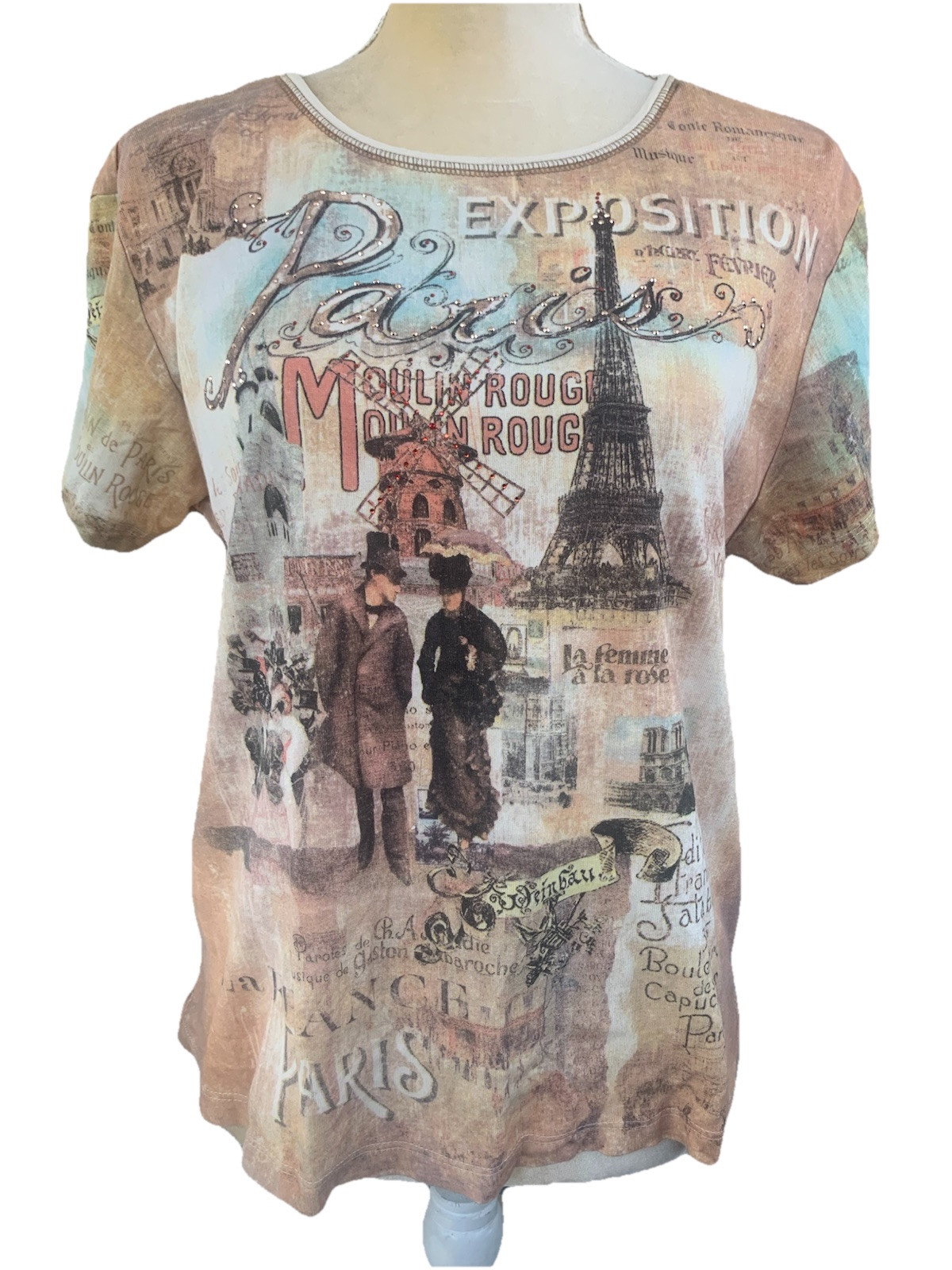 Vintage Paris T-Shirt Womens XL  Cactus Art Moulin Rouge Eiffel Tower Y2K