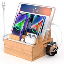 Bamboo Charging Station for Multiple Devices Include 5 Port USB Charger, 5 Ca...