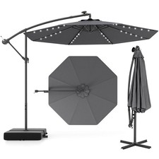 10FT Patio Hanging Offset Umbrella 32 LED Lights Sand Bag Outdoor Cross Base