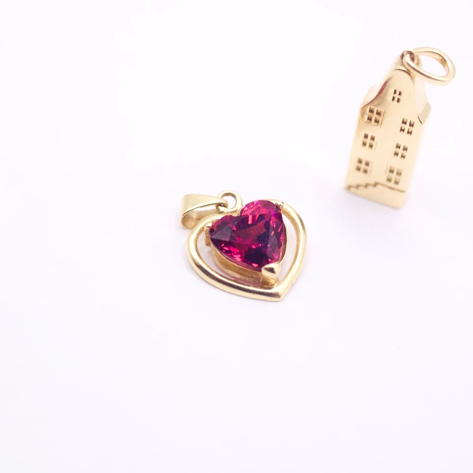 Colgante corazón oro 14ct vintage con granate rodolita VVS Foto 2 de 4