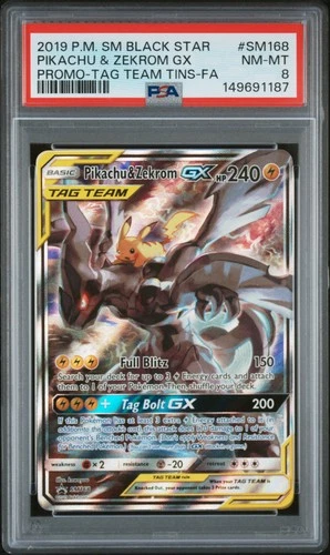 2019 POKEMON SM BLACK STAR PROMO #SM168 FULL ART/PIKACHU & ZEKROM GX PSA 8