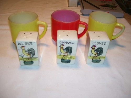 Lot of 3 Vintage Federal Yellow Red Glass Mugs and Kitchen Spice Containers