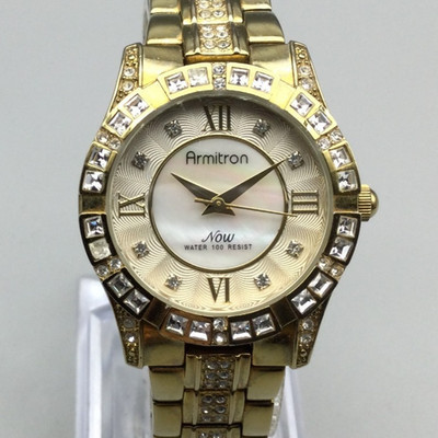 Armitron Now Watch Women 30mm Gold Tone MOP Dial Crystals New Battery 6''