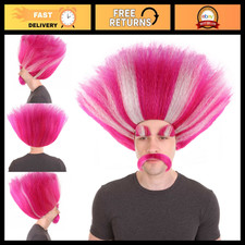 Vibrant King Troll Wig with Eyebrows Mustache - Pink White Stripes for Teens