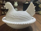 Vintage Indiana White Milk Glass Chicken Hen on Nest Covered Bowl Candy Dish 7”