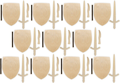 10x Ritterschild mit Schlaufe, Ritterschwert und Messer Birke Holz Party