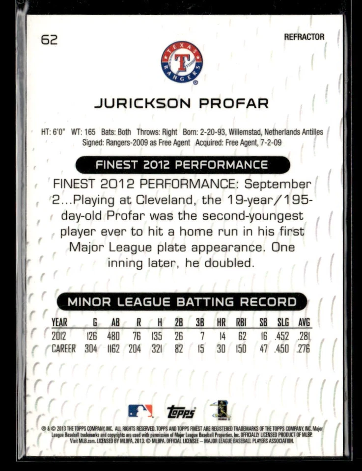2013 Topps Finest #62 Jurickson Profar Refractor /199 Near Mint - Image 2 of 2