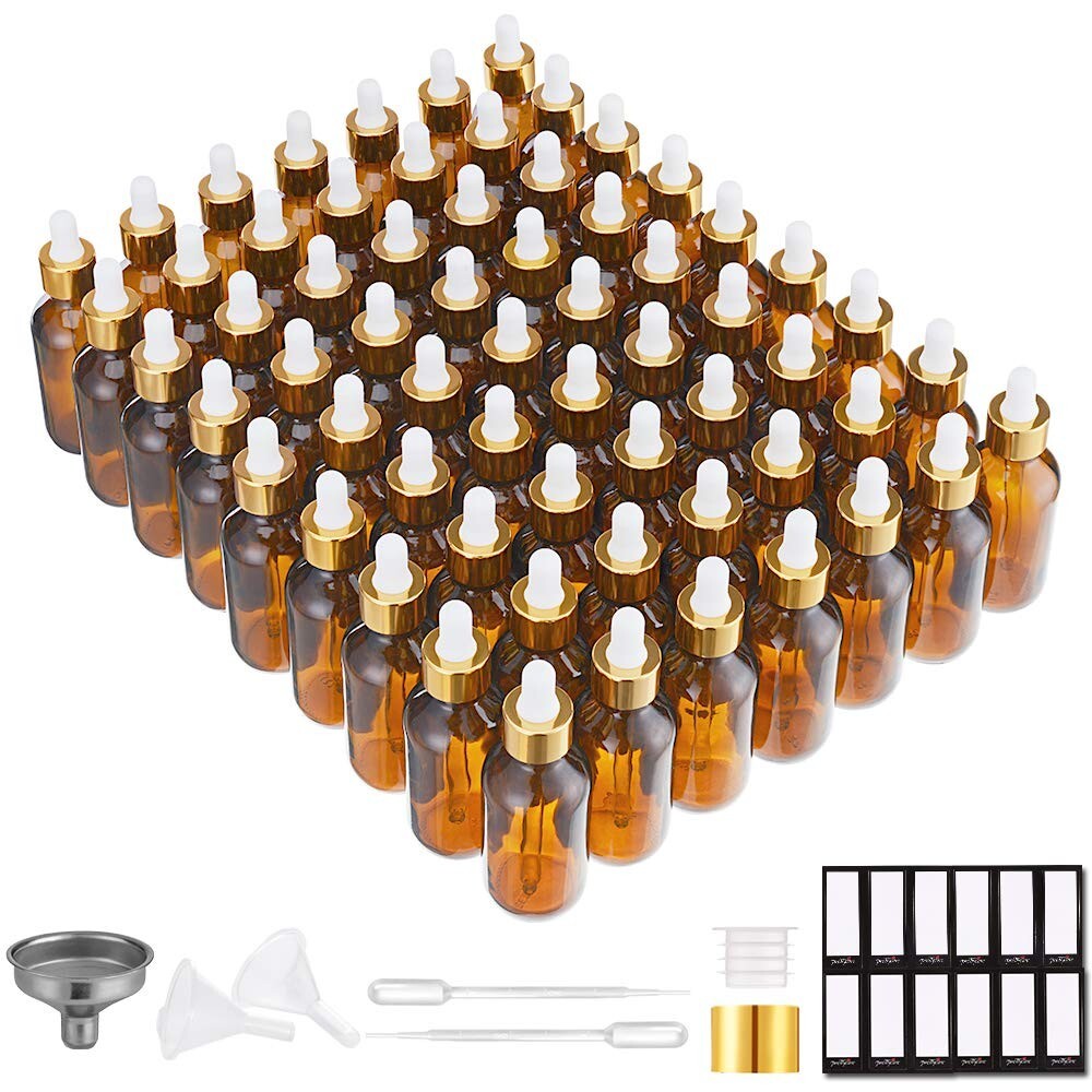 Leak-Proof Amber Glass Bottles - 63 Pack with Extra Droppers & Measured Pipettes