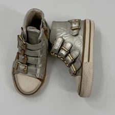 Ash Girls Vava Silver Leather High-Top Sneakers With Gold Buckles & Side Zippers