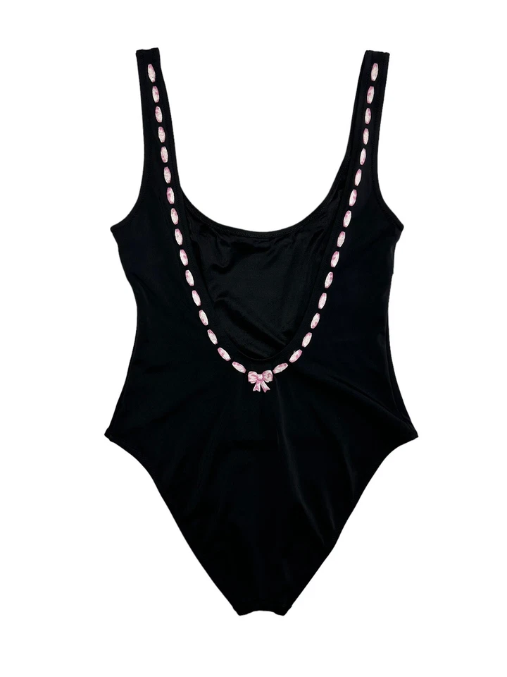 Vintage MOSCHINO 1990s Black Swimsuit Embroidered Bow Ribbon USA Size XL - Image 2 of 4