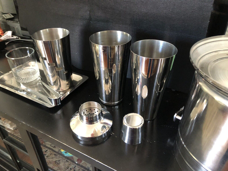 Barware Three Shakers-Ice Bucket-Tray- Tongs-includes Old Mr. Boston Bar Guide