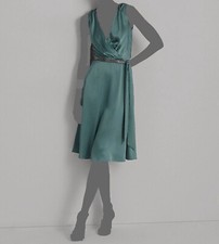 $245 Ralph Lauren Women's Green Belted Waist V-Neck Midi A-Line Dress Size 2