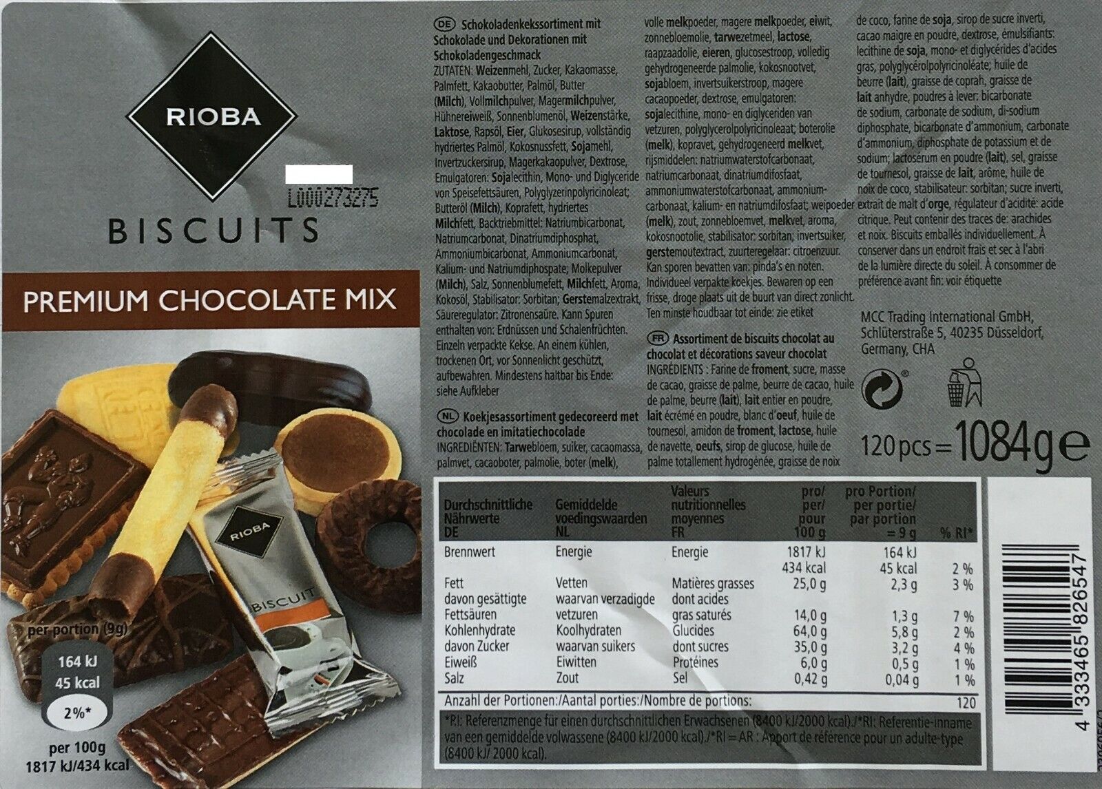 Rioba 120 Premium Kekse Choclate Mix mit Schokolade einzeln verpackt 1084g