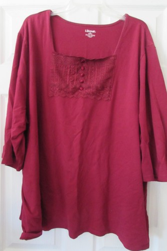 LIZ & ME size 4X 30/32 maroon cotton/spandex w/lace long sleeve shirt blouse top