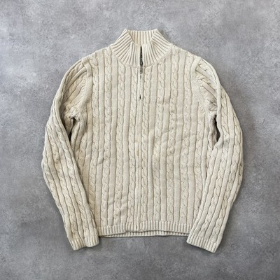 L.L.Bean Quarter Zip Pullover Damen Medium Grobstrick Zopfmuster Pullover, Off White