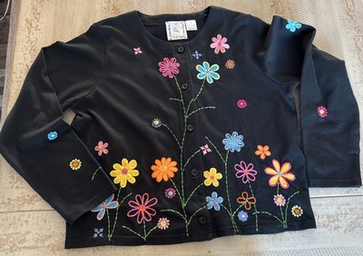 VNTG 90 s Michael Simon Black Cotton Button Down W/Embroidered Flowers Women: L