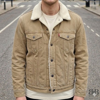 Original Levis Herren Jeansjacke mit Fell Jeans Felljacke Gr. M beige