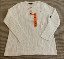 Tommy Hilfiger Women  s Cable Knit Cotton Sweater Ivory Crew Neck - XXL