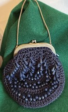 VINTAGE Beaded Evening Purse Navy Blue Beads on Crocheted Style Body 1960  s-70  s