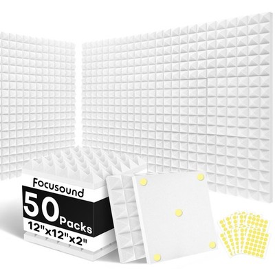 White Acoustic Panels 50 Pack 2''x12''x12'' with 300 PCS Double-Side Adhesive - ...