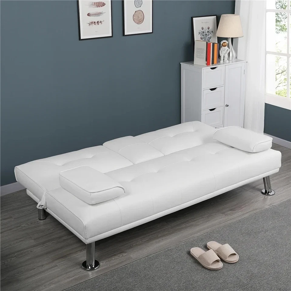 Futón Renwick LuxuryGoods moderno de imitación de cuero con portavasos y almohadas, blanco Foto 2 de 4
