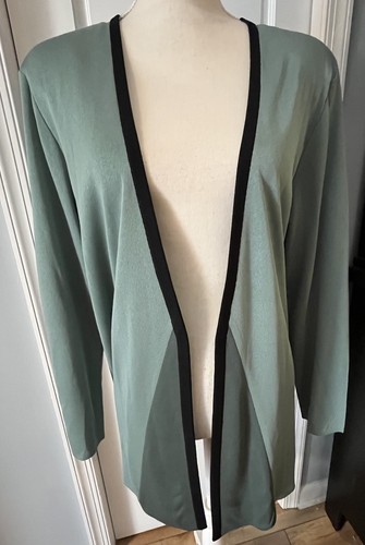 Misook Green Cardigan Sweater Black Trim Open Front Shoulder Pads Womens Large - Picture 2 of 11