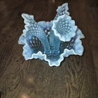 Fenton Glass Flower Epergne Blue Opalescent Hobnail MCM art stunning
