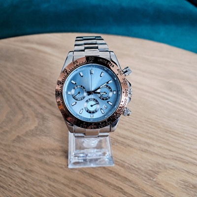 Luxury Men's Quartz Watch Chronograph Ice Blue Dial Stainless Steel Rose Gold