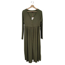 Quince Bamboo Rib Maternity Long Sleeve Button Front Dress Green Tea L