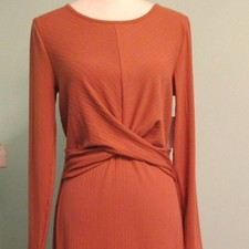 Nine West Ribbed Long Sleeve Midi Dress-Medium-Mocha Frosting NWT
