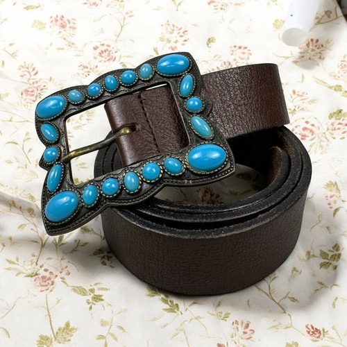 Brown Leather Turquoise Beaded Medallion Belt Boho Hippie Beach Festival Y2K M - Picture 2 of 6