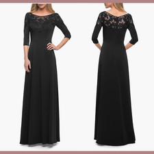 NEW 469 La Femme 12 Embroidered Illusion Neck A line Gown in Black J765