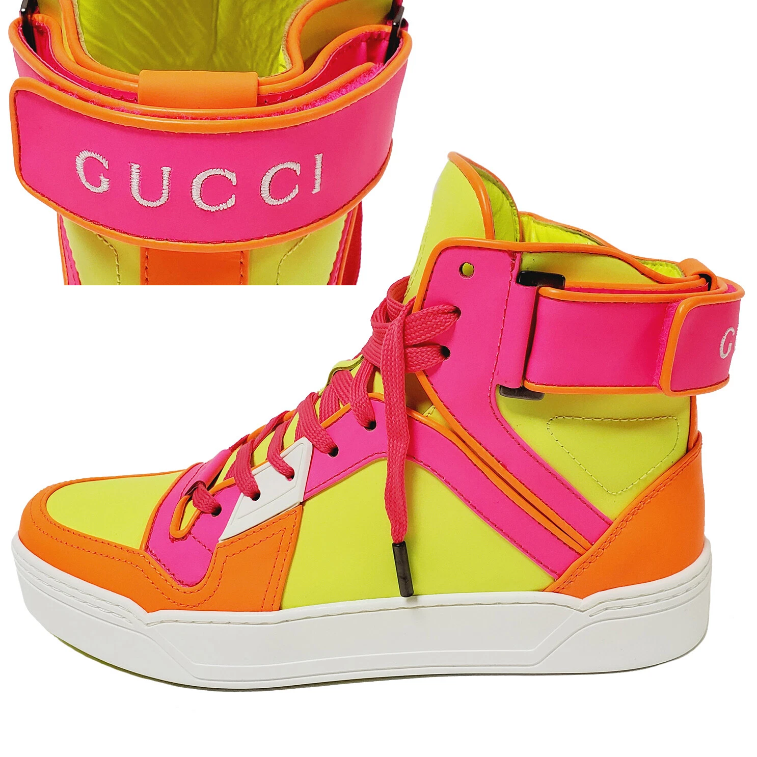BASKETS GUCCI POUR FEMMES CUIR FLUO HAUT DE GAMME STYLE BASKETBALL LOGO 37,5 G 7,5