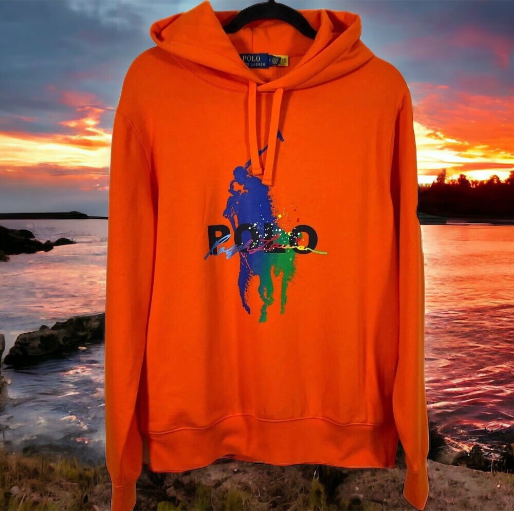 Maglione con cappuccio Polo Ralph Lauren uomo grande pony logo pile arancione taglia media (K)