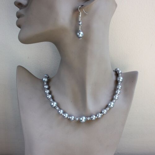 Vintage light grey pearl necklace bracelet earrings wedding bridal jewellery set - Picture 2 of 6