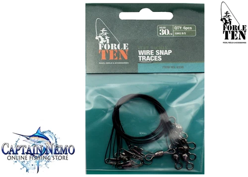 WIRE SNAP TRACES SIZE: 30CM/10KG QTY: 6 WIRE TRACE LEADERS FORCE TEN TACKLE 8338