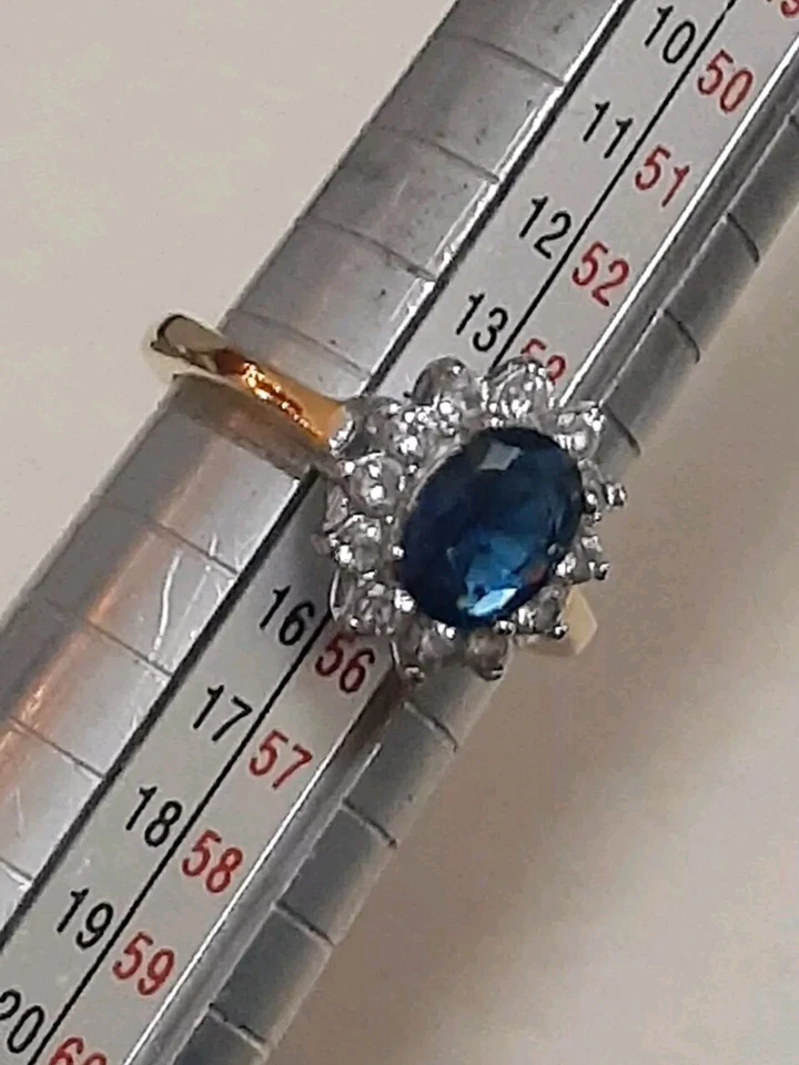 Anillo de cóctel vintage cristal azul halo acero inoxidable chapado en oro talla 7 Foto 4 de 4