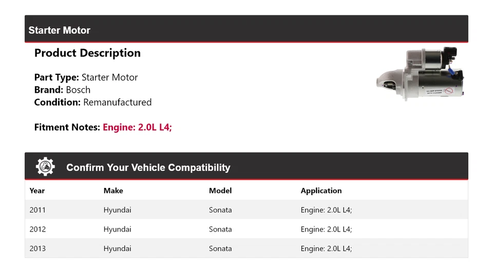 Para 2011-2013 Hyundai Sonata 2.0L L4 Bosch Starter (Remanufaturado) 2012 - Imagem 2 de 4