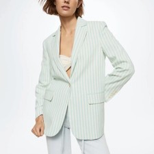 Mango - Turquoise, Mint, Blue and White Vertical Stripe Blazer - Size M - 130