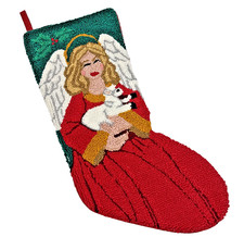 Punch Needle Christmas Stocking Angel Lamb,Red Velvet Backing 18"