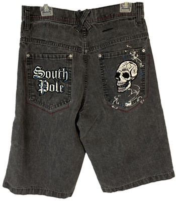 Vintage Southpole Skull Cross Embroidered Baggy Skater Jean Shorts Black 34x15