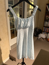 Light Blue Floral Square Neck Ruffle Strappy Tie A-Line Knee Dress Women S