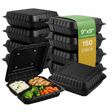 Hinged Container 9"x9" 150 Pack 3-Compartment Vented Black Clamshell