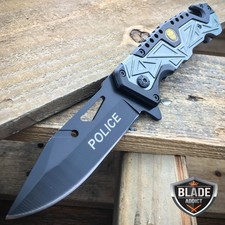 8" Black POLICE Spring Assisted Tactical Rescue Folding Pocket Knife Multi Tool