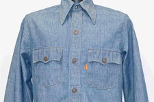 vintage 70s LEVIS BLUE DENIM ORANGE TAB BIG COLLAR WORKWEAR BUTTON DOWN SHIRT S