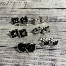 Lot of 6 VTG. Swank Silver Tone  Black Enamel Cufflink Sets  Tie Clip