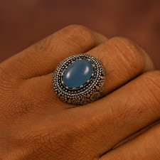 925 Sterling Silver Natural Blue Chalcedony Gemstone Jewelry Ring US All Size 